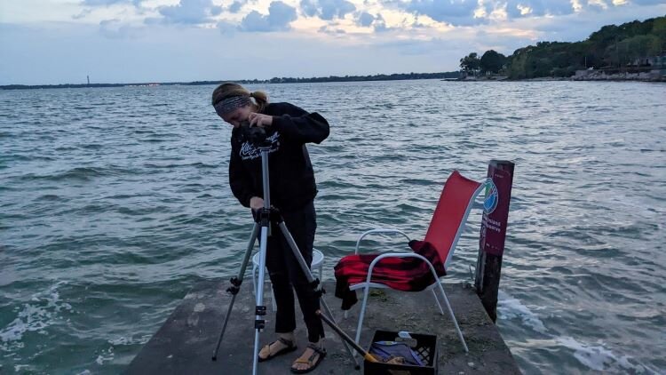 BGSU graduate student Murphy Harrington used an infrared camera to record bird migration patterns as part of an ongoing study funded by Ohio Sea Grant.