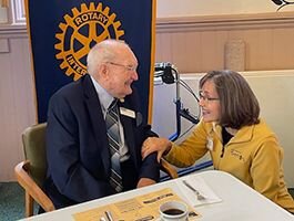 Sue Daugherty and Charles Lindecamp, 104, the Milan Rotary Club's longest serving member.