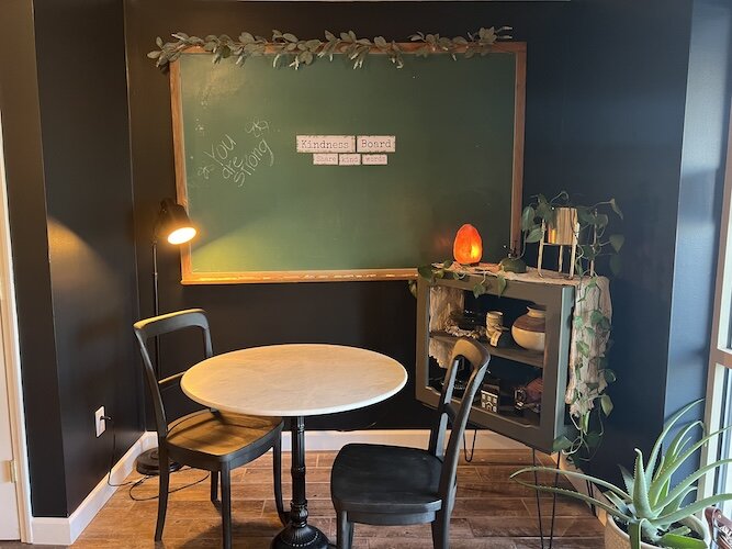 Patrons can relax with a cup of coffee in a nook at The Study.