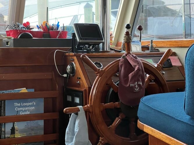 The helm of the Tina B is ready for its captain.