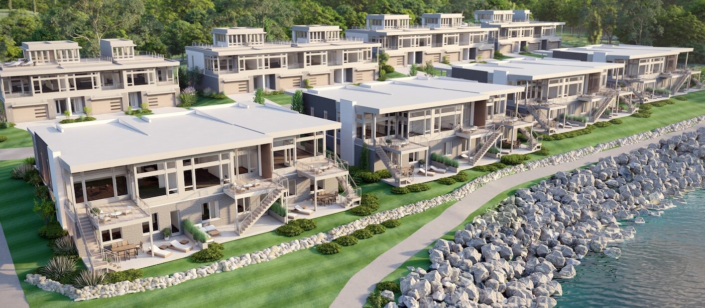 AODK Architecture’s rendering of an aerial view of patios in Waterwood Resort