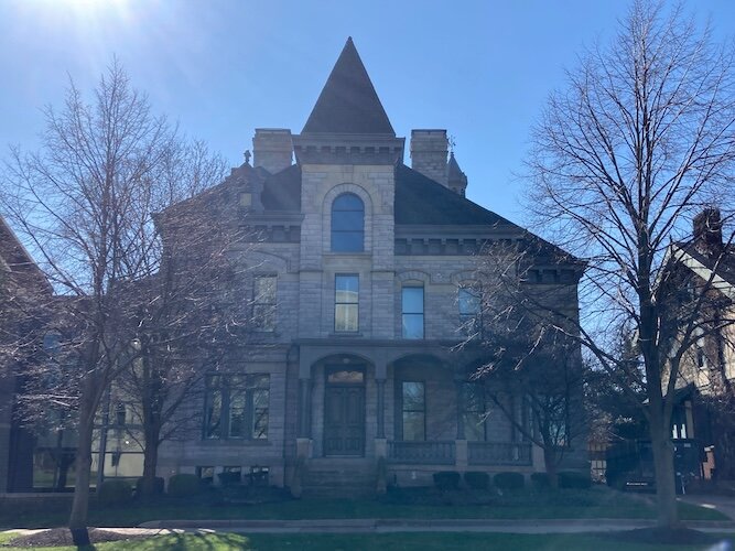 The exterior of the sheriff's residence portion of the historic jail is part of the library. 