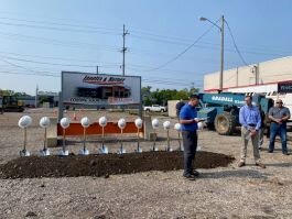 Firelands FCU President and CEO Brett Montague speaks at the Perkins Avenue groundbreaking ceremony on May 22.