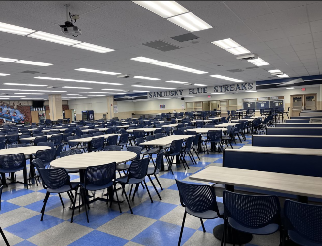 The new cafeteria furniture provides a variety of seating options for students.