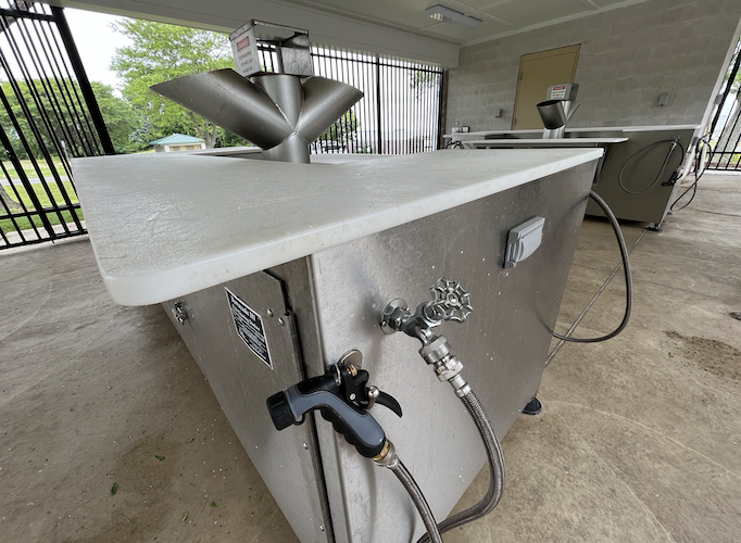 One of the food-grade cutting boards at the Mazurik Fish Cleaning Station