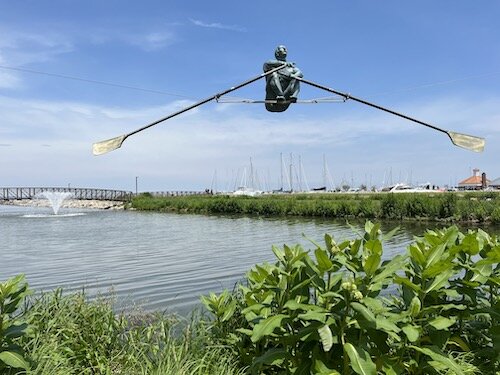 "Rower" is suspended in Shoreline Park