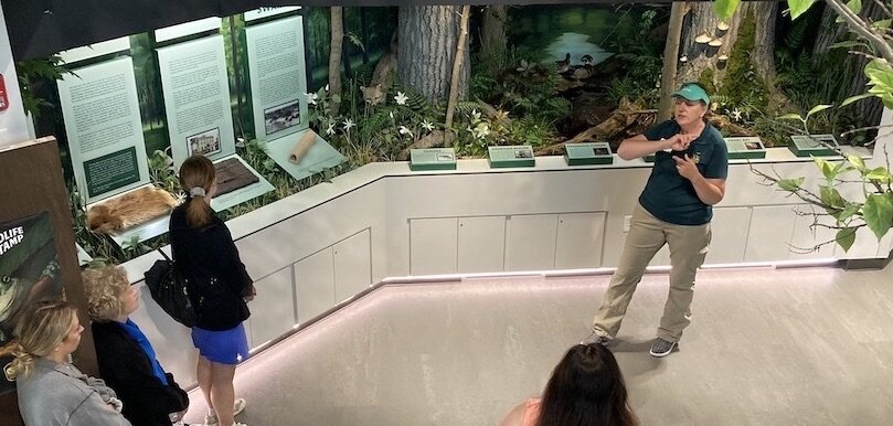 Kelly Schott, Ohio Division of Wildlife Communications Specialist, gives a tour of the new ODNR Magee Marsh Visitor Center.