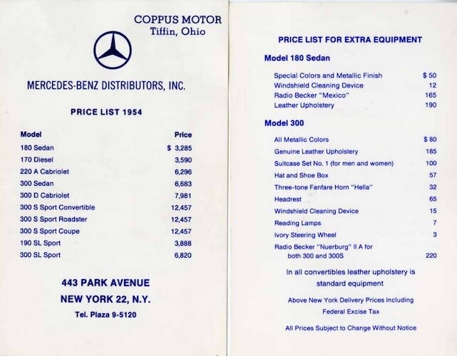 A Mercedes-Benz price list from 1954.