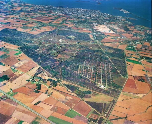 Aerial views of NASA Glenn Research Center, Neil A. Armstrong Test Facility. At the time this photograph was taken, the site was known as Plum Brook Station.