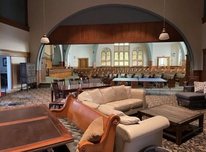 The sanctuary offers comfortable seating for guests.