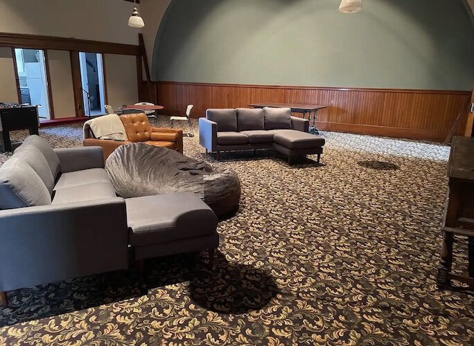 The sanctuary offers comfortable seating for guests.