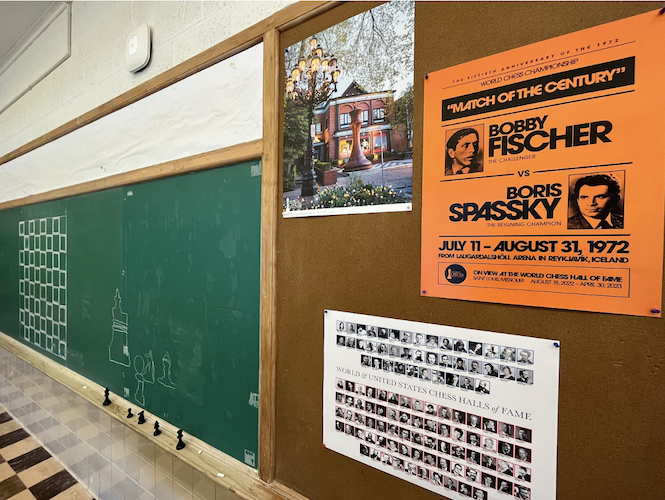 Posters in the Sandusky Recreation chess room show off the Match of the Century and the Saint Louis Chess Club.