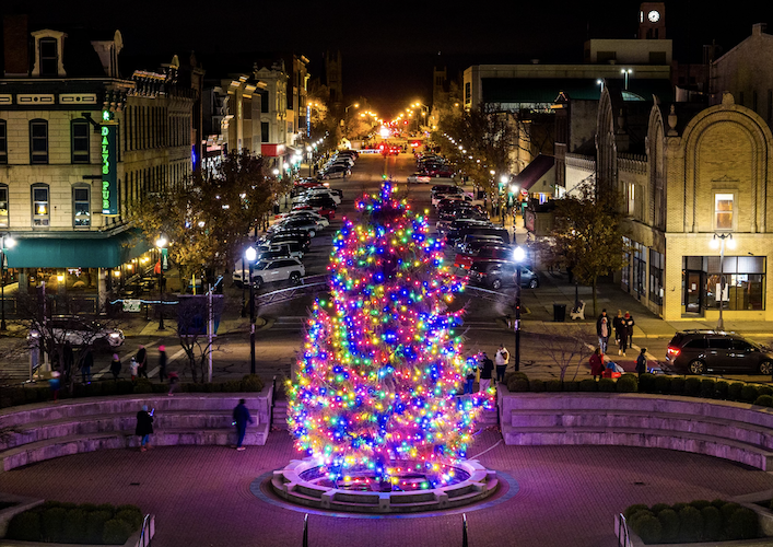 The downtown tree is lit up for the holidays.