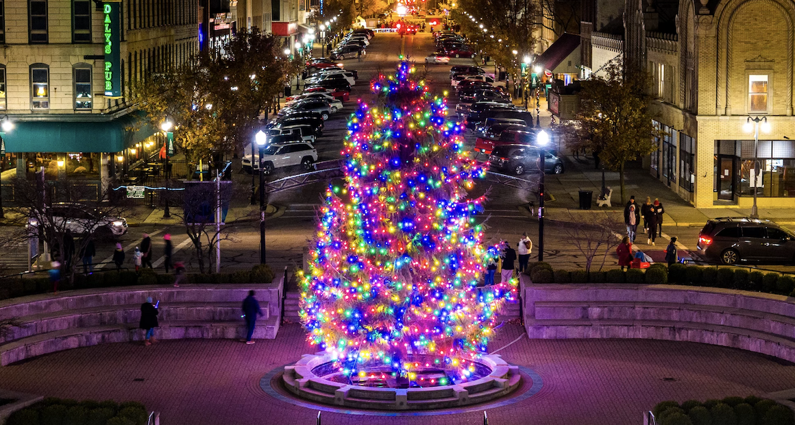 The downtown tree is lit up for the holidays.