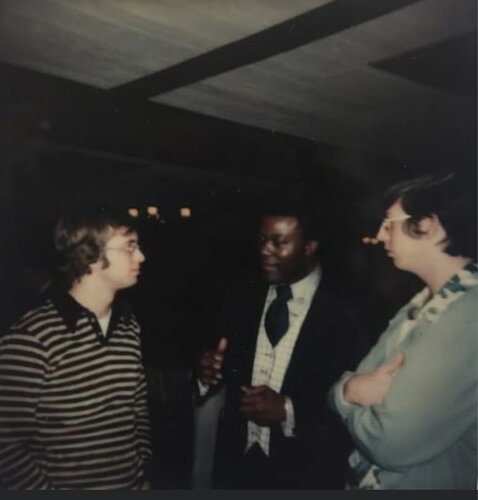 Mark Fogg and former WLEC Program Director Bill Zimmerman stand with former Cleveland Indians pitcher-turned-broadcaster, Mudcat Grant. Grant was the Channel 8 partner of play-by-play man Harry Jones in the 1970s.